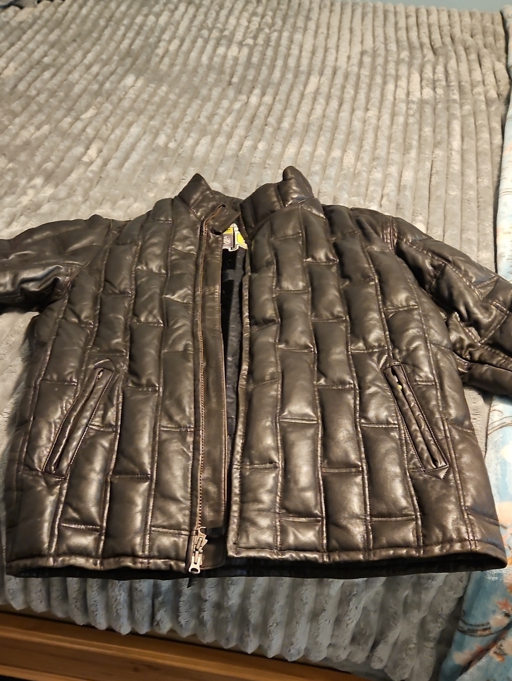 Volcom Quilted Puffer Genuine Leather Down Feather Jacket in Dark Brown